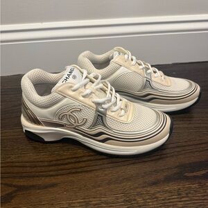 CHANEL Cream & Beige CC Logo Mesh Leather Sneakers